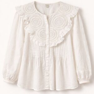 Anthropologie- Seen Worn Kept -White Ruffle Crochet Yoke Button-Front Blouse